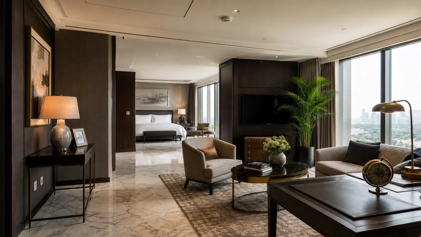 A hotel suite arranged for a private meeting.