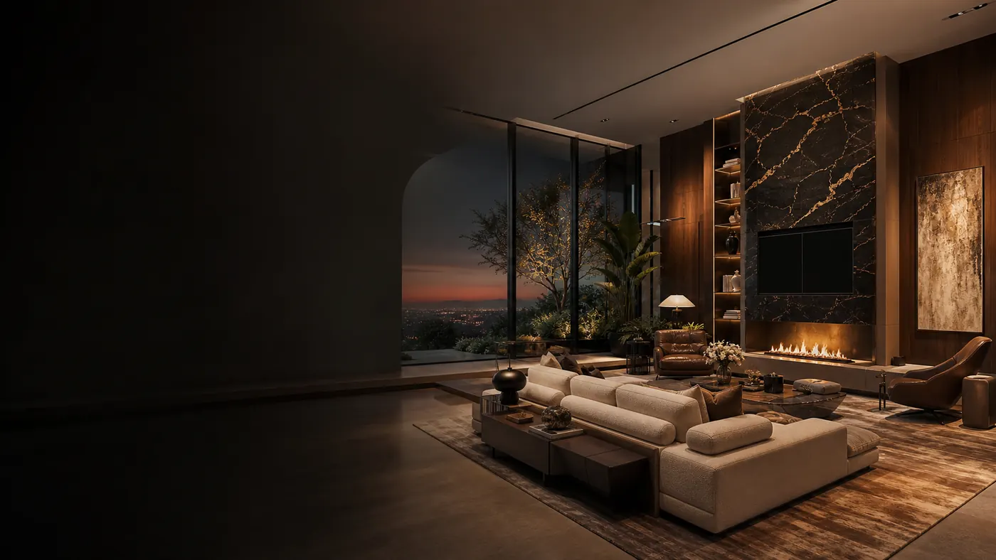 A private estate interior at dusk.