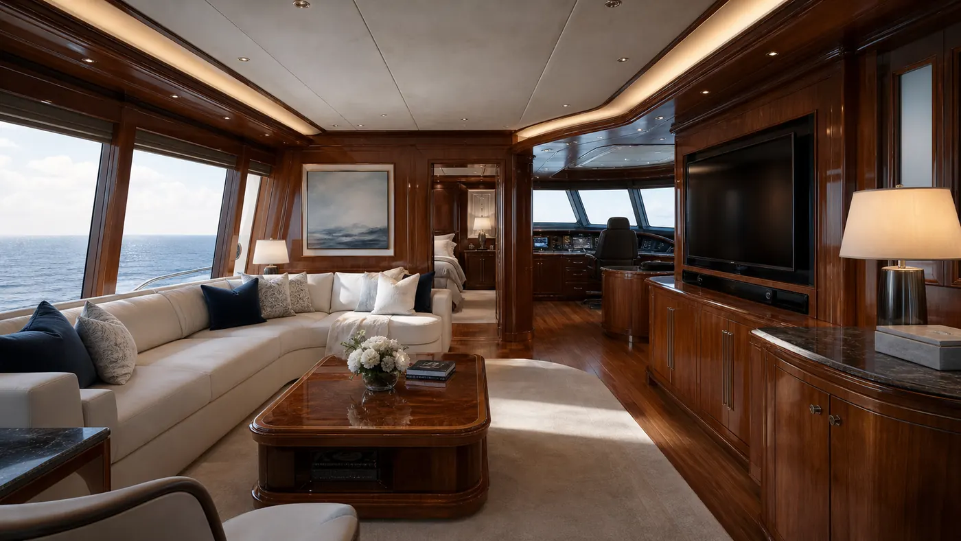 A yacht saloon and deck.